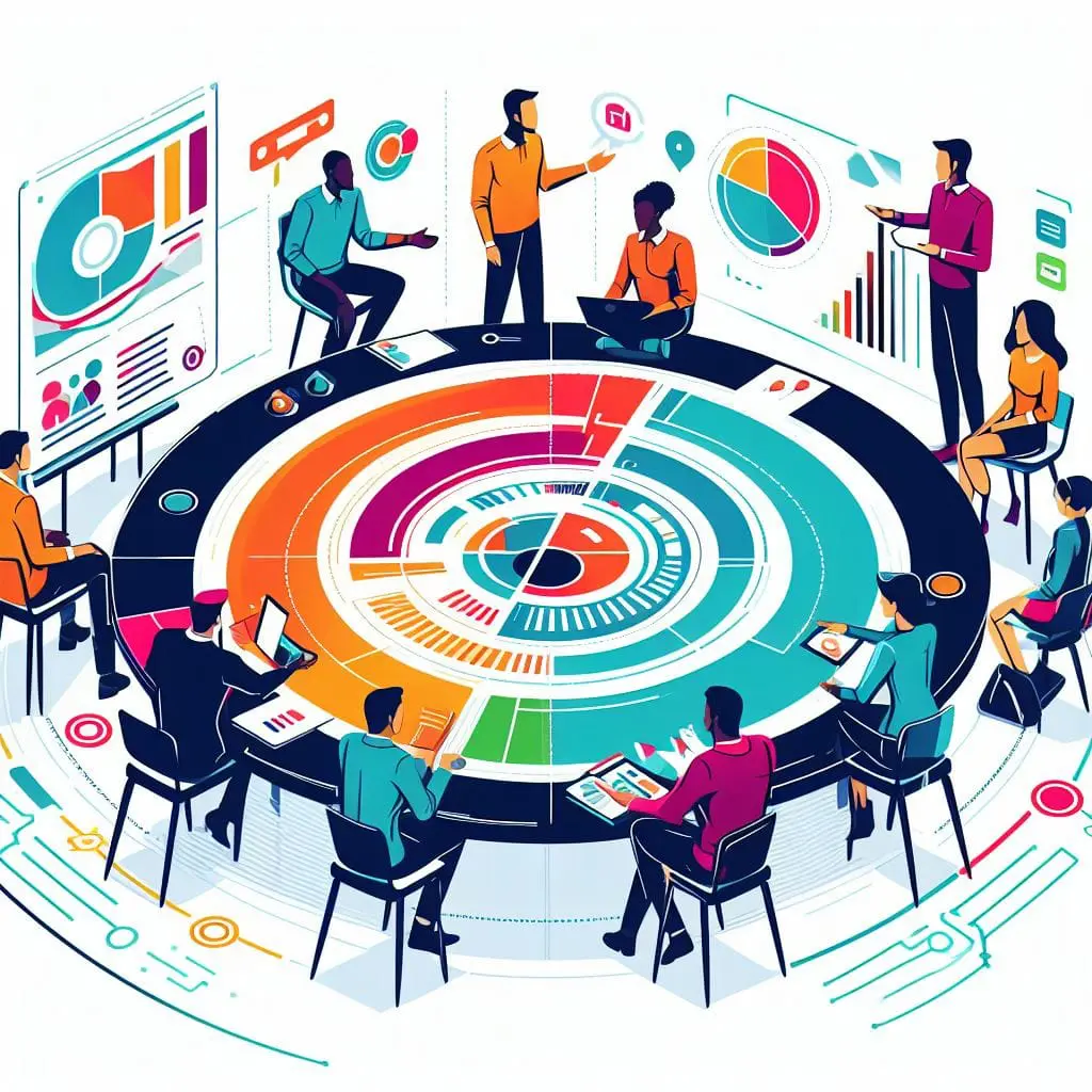 Content Marketing Strategy an infographic style image of people collaborating in a meeting. bright and colourful, realistic 1
