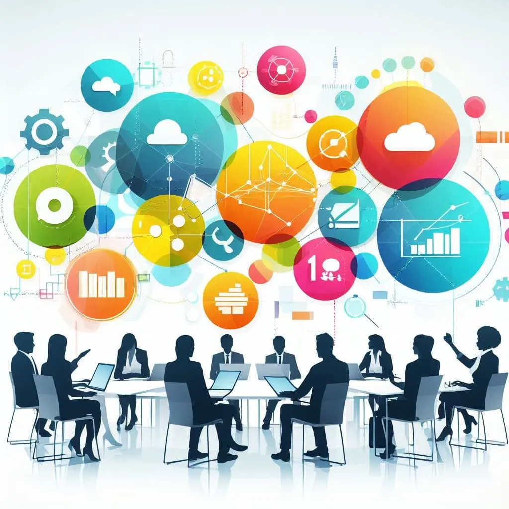 Content Marketing Strategy an infographic style image of people collaborating in a meeting. bright and colourful, realistic