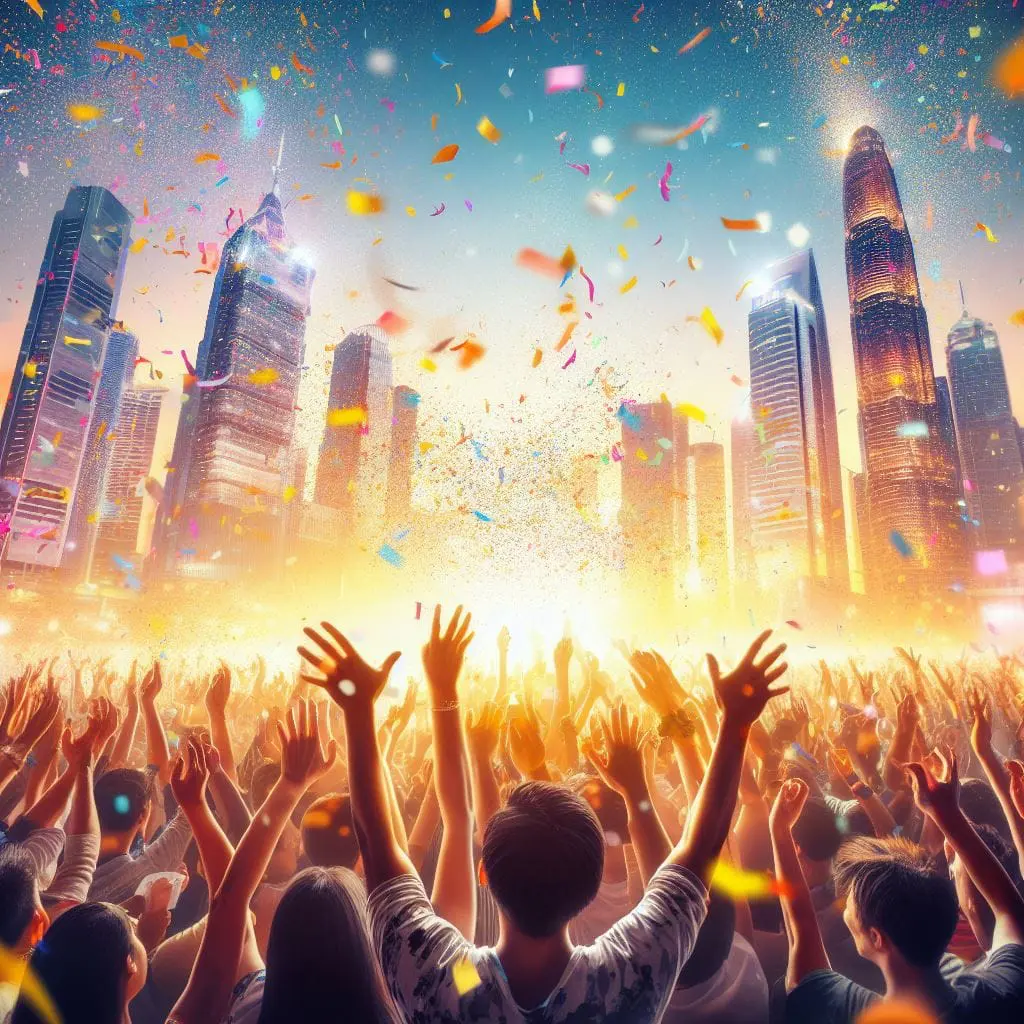 How to Identify Your Target Audience in 7 Steps a crowd cheering and confetti raining down. bright and colourful, realistic 1