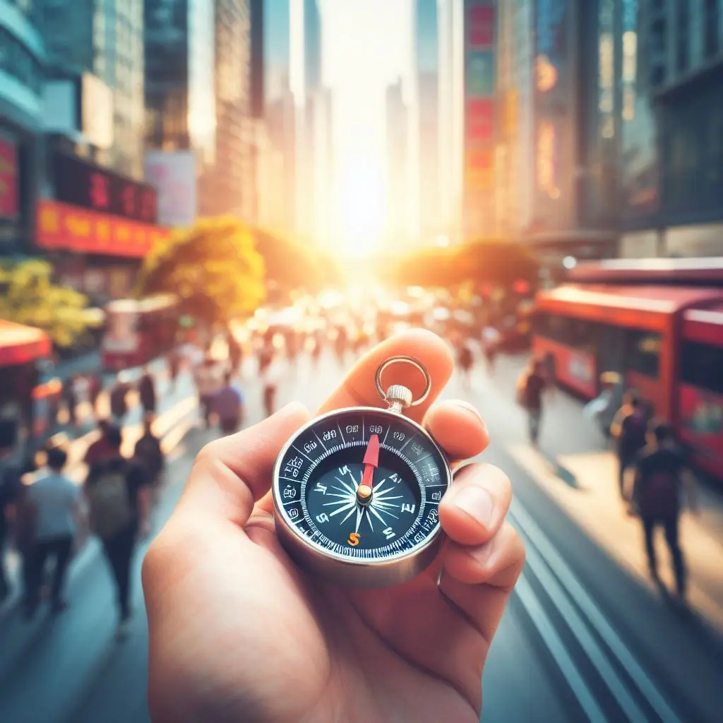 How to Identify Your Target Audience in 7 Steps holding a compass in my outstretched hand on a busy sidewalk. bright and colourful, realistic