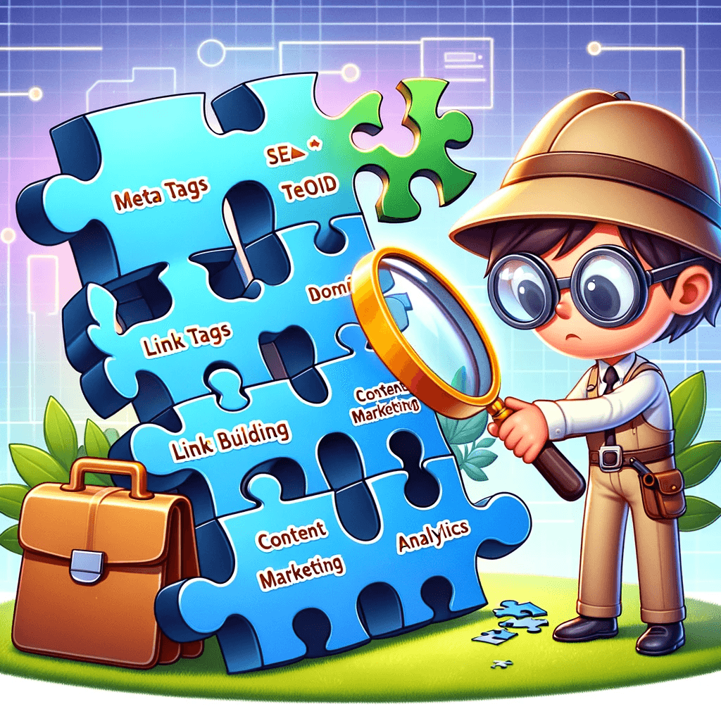 seo demystified guide - contentifai blog - A cartoon character with a magnifying glass examining a jigsaw puzzle where each piece is labeled with different SEO terms like 'meta tags'