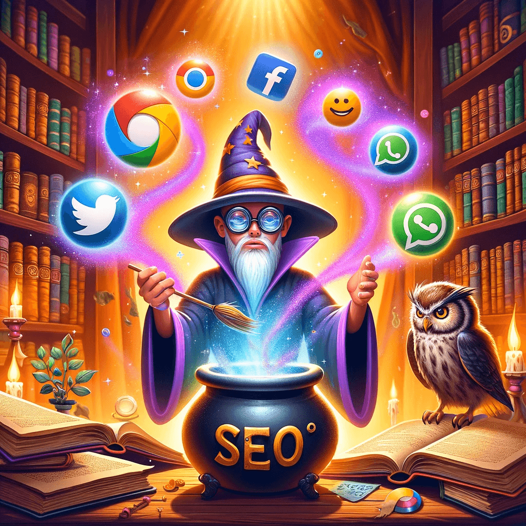 seo demystified guide - contentifai blog - A cartoonish wizard conjuring up a mystical potion with search engine logos and social media icons swirling in the magical fumes