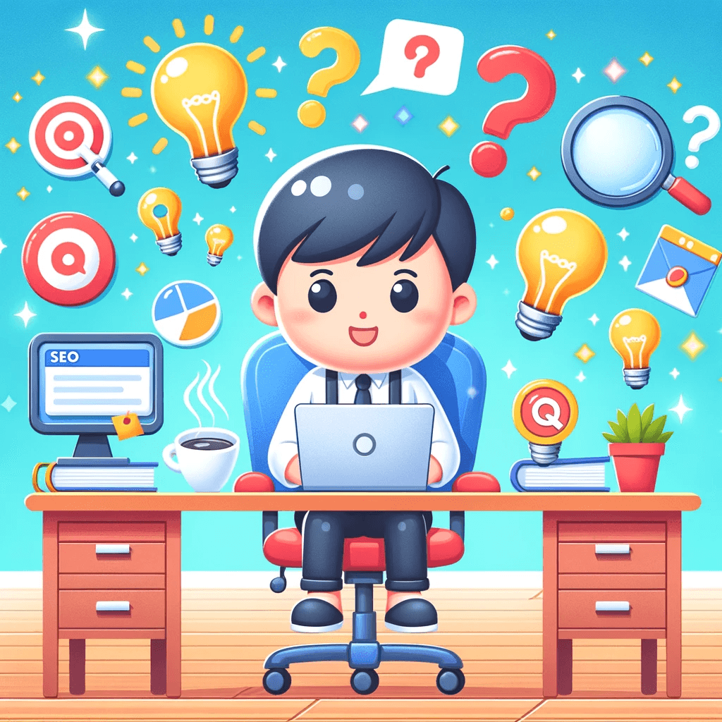 seo demystified guide - contentifai blog - A cheerful cartoon figure sitting at a computer desk, surrounded by light bulbs and question marks symbolizing ideas and queries