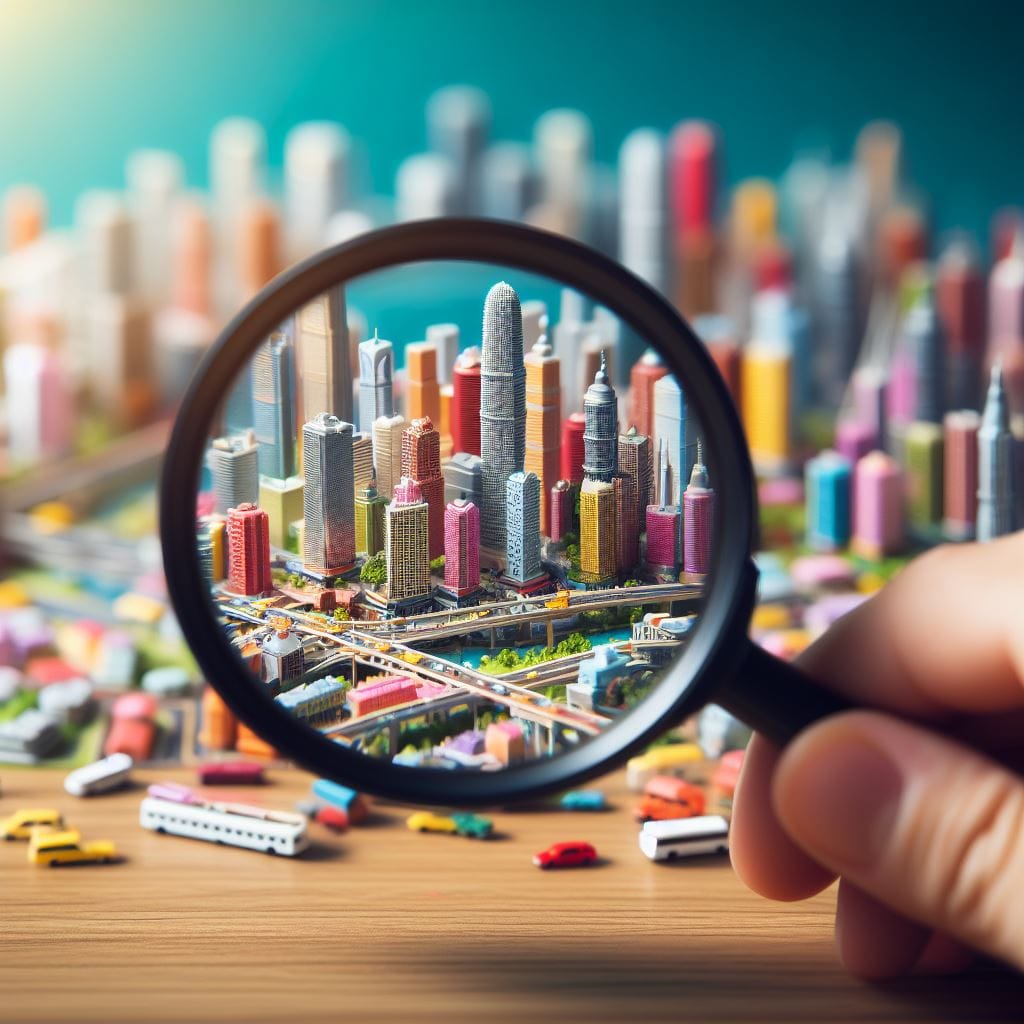 How to Identify Your Target Audience in 7 Steps a view of a cityscape diorama through a magnifying glass. bright and colourful, realistic 5