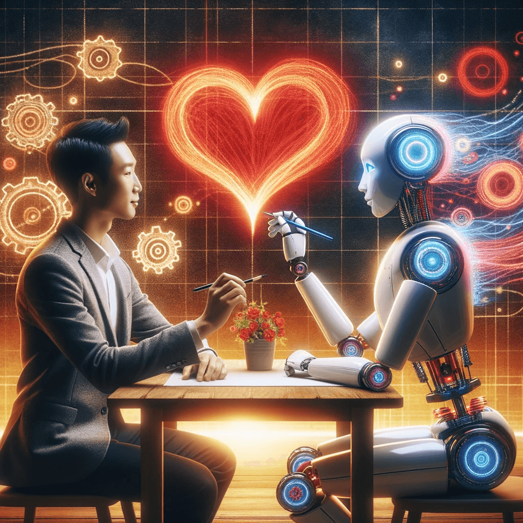 AI and human-written content - contentifai blog - Photo of a human with Asian descent and a robot sitting side by side at a futuristic table, collaboratively drawing on a shared canvas.