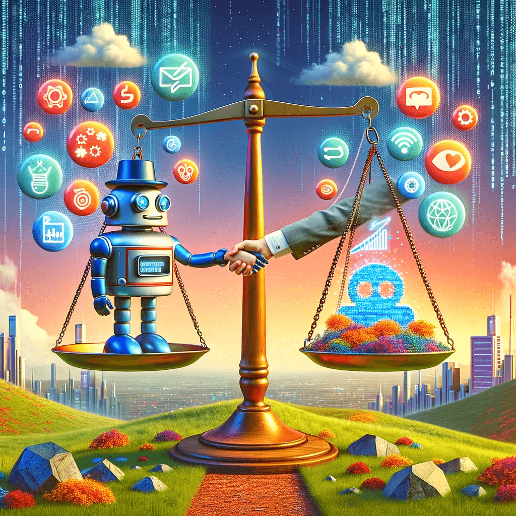 Ethical AI Marketing with ChatGPT - contentifai blog - A digital landscape comes to life with a quirky, friendly robot wearing a marketing savvy hat, shaking hands with a human marketer.