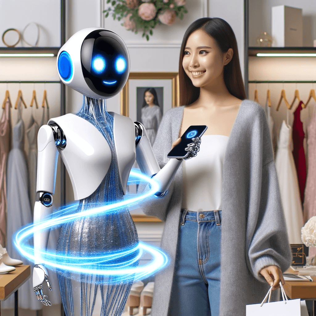 chatgpt brand voice training - contentifai blog - A photo depicting a scene where a fashion-savvy AI assistant, resembling a sleek, white, and blue humanoid robot, is measuring a happy customer.