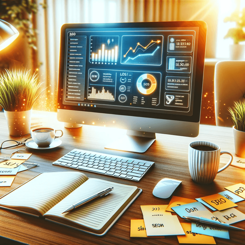 seo for copywriters - contentifai blog - Create a vibrant and engaging image of a modern copywriter's desk with a computer displaying SEO analytics on screen, surrounded by notes containing p
