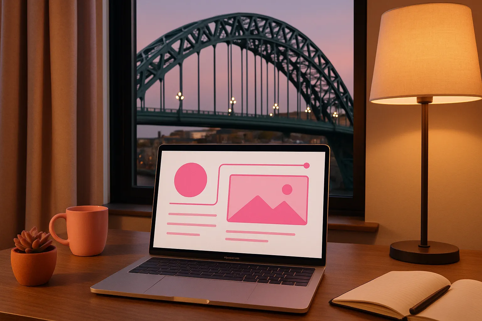 Newcastle copywriter jobs and content writing opportunities 2025 - Contentifai blog - Modern workspace with a laptop displaying pink content graphics, Tyne Bridge visible through window