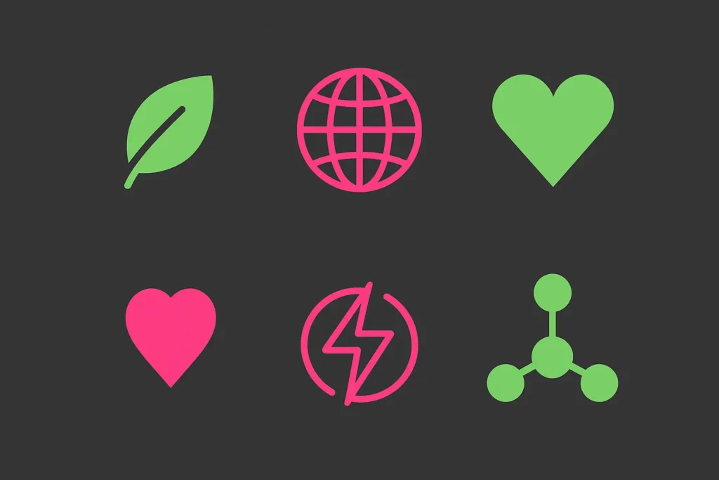 Bauhaus-style geometric icons symbolizing sustainability and positive impact in pink and green on dark grey representing Newcastle tech startups