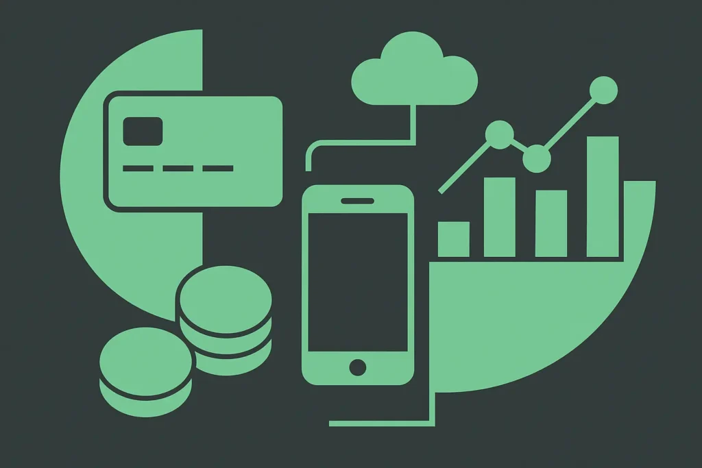 Geometric Bauhaus icons representing fintech and digital services in highlight green on dark grey representing Newcastle tech startups