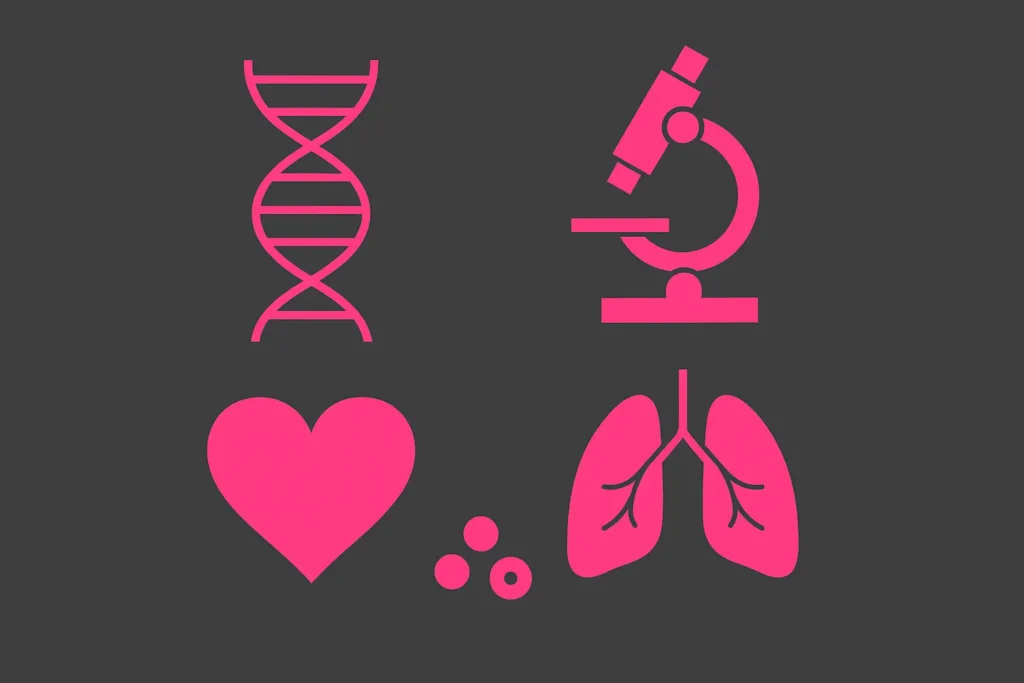 Minimalist Bauhaus icons depicting healthcare innovation in hot pink on dark grey representing Newcastle tech startups