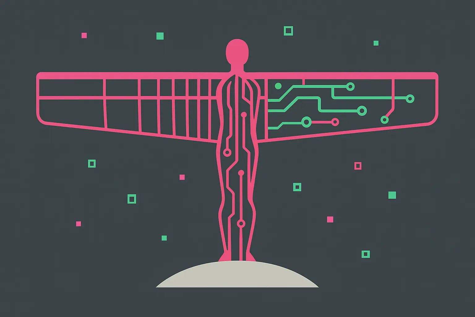 Minimalist Bauhaus-style illustration of the Angel of the North with circuit patterns in hot pink and green, symbolizing Newcastle tech innovation for Contentifai