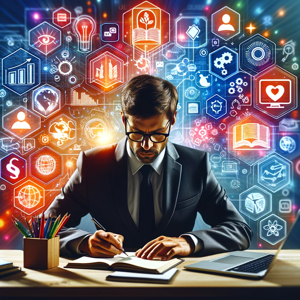 Self-directed learning - Contentifai Blog - Create an image of a professional sitting at a desk with multiple digital screens around them, symbolizing access to online courses.