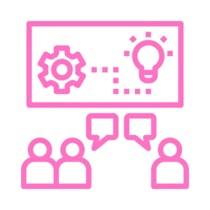 A group of people are gathered around a whiteboard with a light bulb in the middle in the contentifai brand hot pink colour