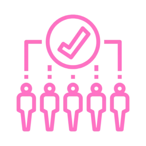 a group of people standing in front of a pink check mark in the contentifai brand hot pink colour