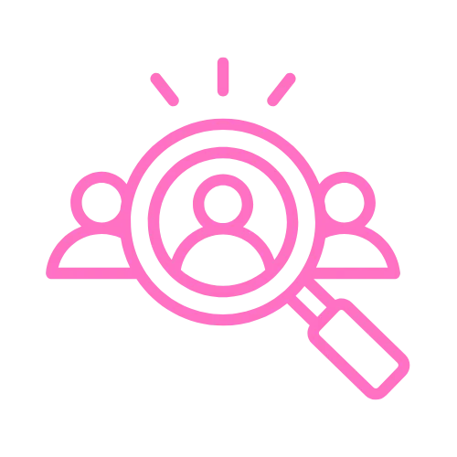a magnifying icon with people and a magnifying glass in the contentifai brand hot pink colour