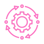 a pink gear wheel in a circle with arrows around it in the contentifai brand hot pink colour