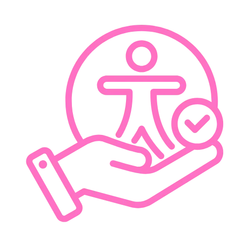 Pink icon of a person holding a check mark, representing a positive client review