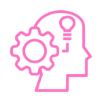 a pink outline of a head with gears and a light bulb in the contentifai brand hot pink colour