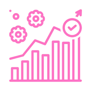 an icon of a bar chart with gears and an arrow pointing up in the contentifai brand hot pink colour