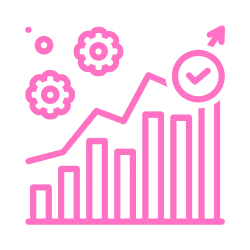an icon of a bar chart with gears and an arrow pointing up in the contentifai brand hot pink colour