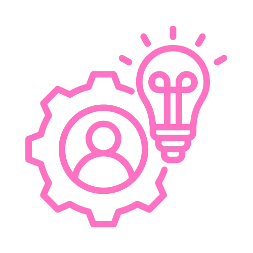 an icon of a gear with a light bulb and a person inside in the contentifai brand hot pink colour