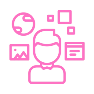 an icon of a person surrounded by icons in the contentifai brand hot pink colour