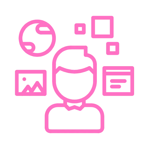 an icon of a person surrounded by icons in the contentifai brand hot pink colour