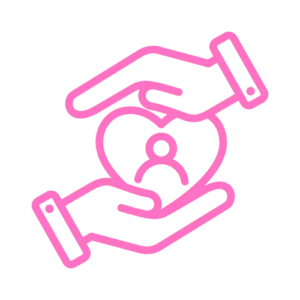 two hands holding a heart with a person in the middle in the contentifai brand hot pink colour