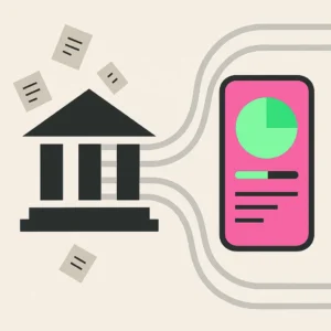 Bauhaus-style illustration contrasting traditional private banking (grey geometric bank building with paper documents) against modern wealth-tech (smartphone with pink and green digital interface), connected by flowing data lines, representing the transformation from analogue to digital wealth management.