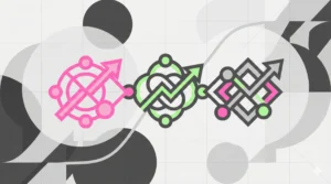 A Bauhaus-style minimalist feature image for the Contentifai blog, illustrating Content Marketing ROI. Three interconnected geometric icons in hot pink, highlight green, and dark grey represent a three-part measurement framework (brand equity, engagement, acquisition) against a background of overlapping circles, angular shapes, and a subtle grid, with upward-trending arrows suggesting growth and flow.