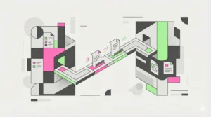 A Bauhaus-style minimalist illustration for the Contentifai blog featuring a bidirectional flow of sales enablement content between two abstract geometric structures, using a professional color palette of hot pink, highlight green, and dark grey.