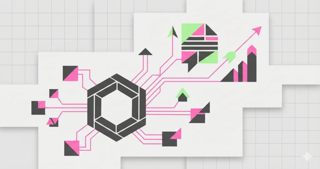 A Bauhaus-style professional featured image for a Contentifai blog post titled "Enterprise Content Marketing at Scale", illustrating a central geometric system with interconnected elements and upward-trending graphs.