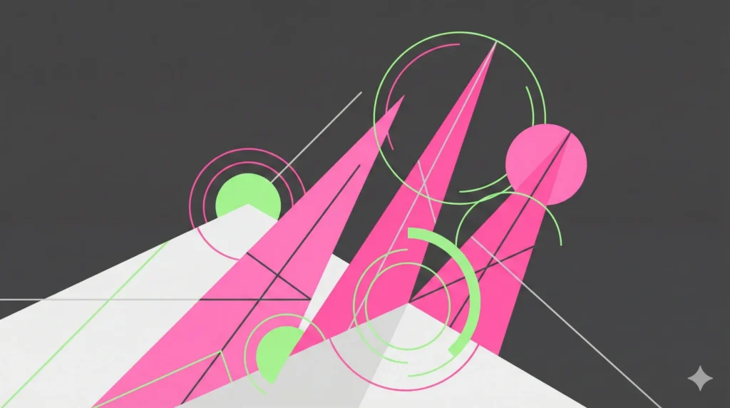 Abstract geometric design with upward pink triangles and interconnected green circles on a dark grey and light grey background, representing professional services marketing strategies for growth and connection by contentifai.