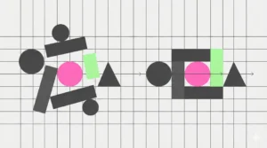 Minimalist Bauhaus geometric illustration showing shapes transitioning from disorder to alignment, representing a Brand guidelines framework for B2B content consistency for the Contentifai blog.