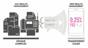 Minimalist Bauhaus illustration by Contentifai contrasting opaque old wealth management with transparent new challenger bank messaging, showing a fax machine, paper, and 'SHIFT TO CLARITY' megaphone leading to a smartphone with '0.25% FEE'.