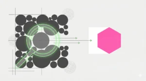 A Bauhaus-style illustration for a Contentifai blog post about competitor content analysis, showing a green magnifying glass lens over a cluster of identical grey circles on the left, connected by arrows to a single, distinct pink hexagon on the right.