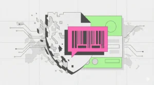 Bauhaus-style illustration for Contentifai blog depicting a fragmented insurance shield over a European map alongside a speech bubble containing a barcode, representing the embedded insurance visibility paradox and the critical role of content marketing in building B2B trust.