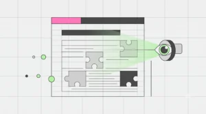 Bauhaus-style illustration of AI crawlers scanning a webpage with five gaps, from the Contentifai blog