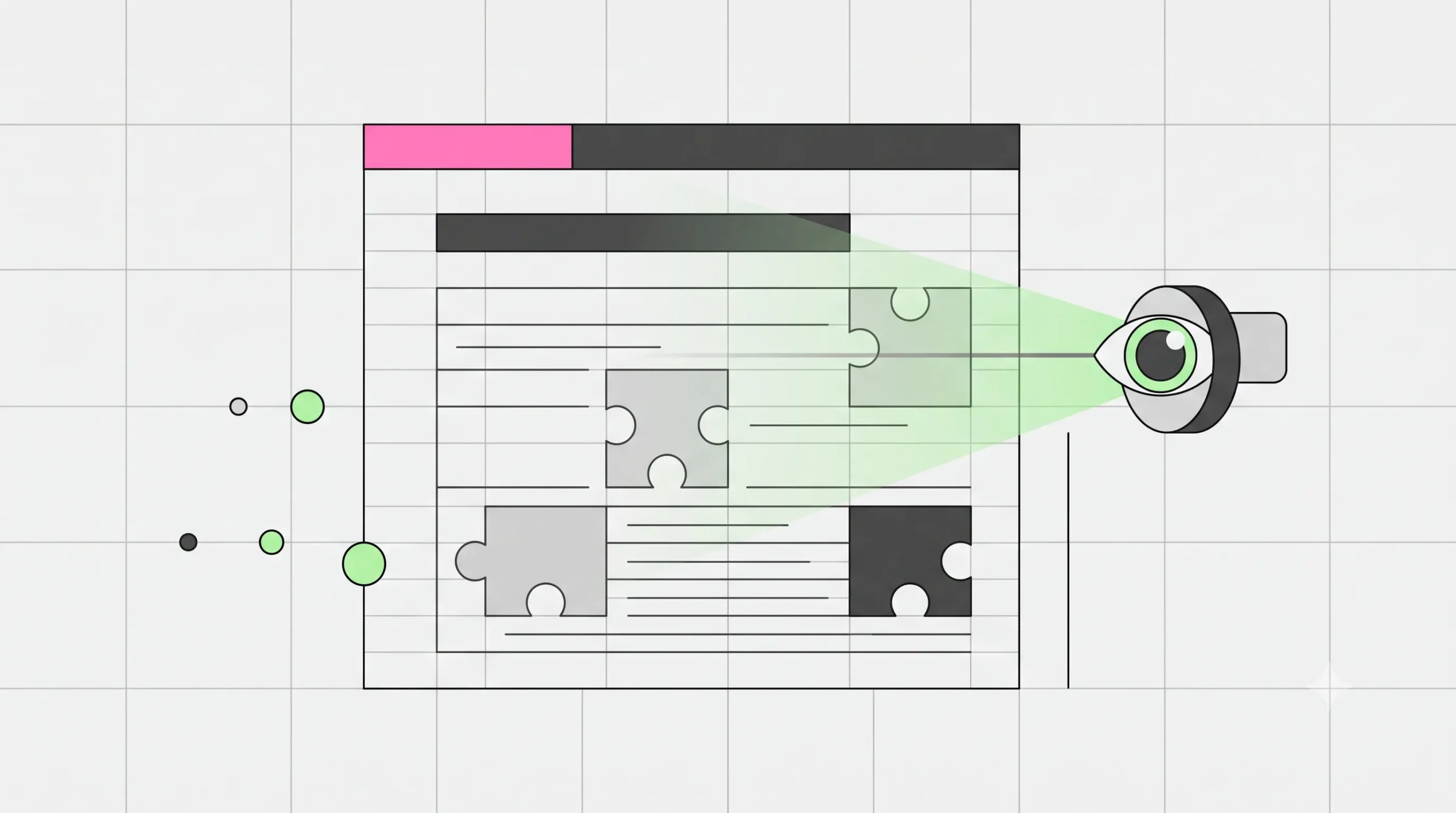 Bauhaus-style illustration of AI crawlers scanning a webpage with five gaps, from the Contentifai blog