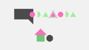 Bauhaus-style illustration of a speech bubble setting out a row of geometric shapes with one clearly marked as chosen, beside a geometric house and coin, representing clearly explained lending.