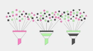Bauhaus-style illustration of three AI engines drawing from many fragmented sources, from the Contentifai blog
